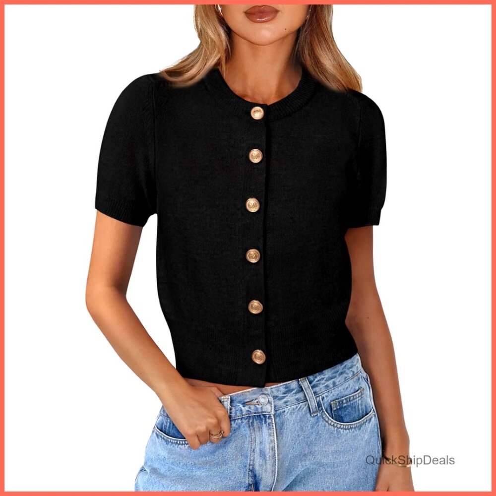 Short Sleeve Button Down Cardigan Crop Top Knitted Sweater